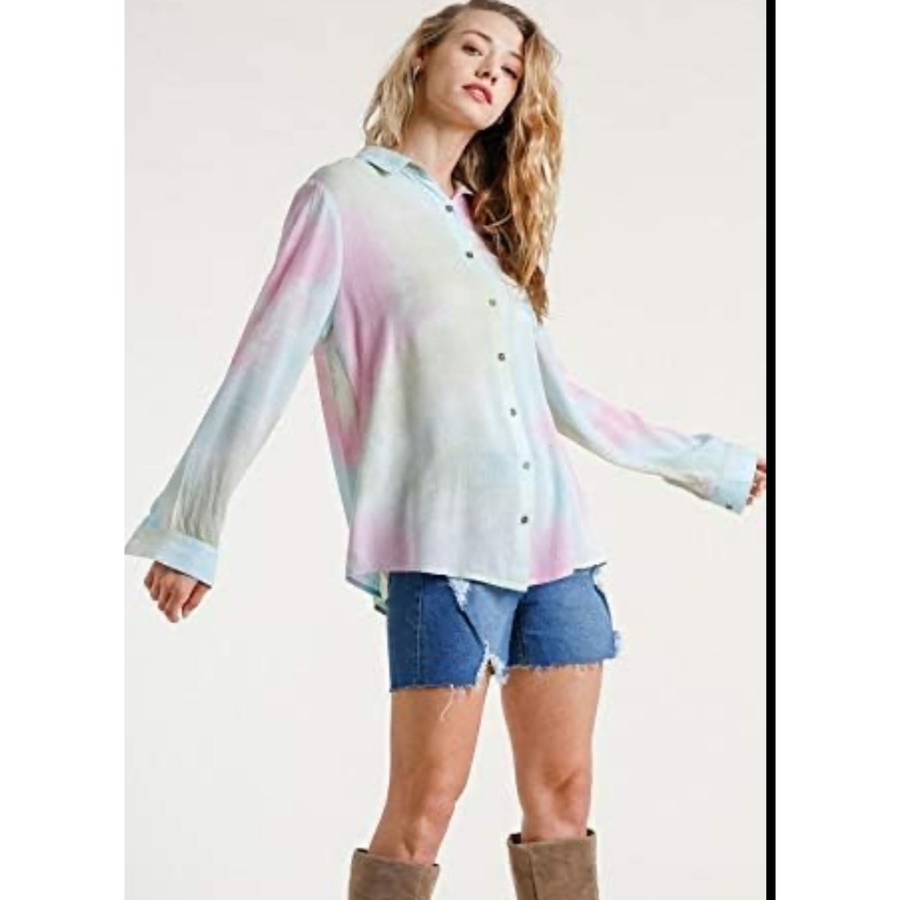 Umgee large pastel tie dye button up shirt boho crinkle pink‎  western cottage